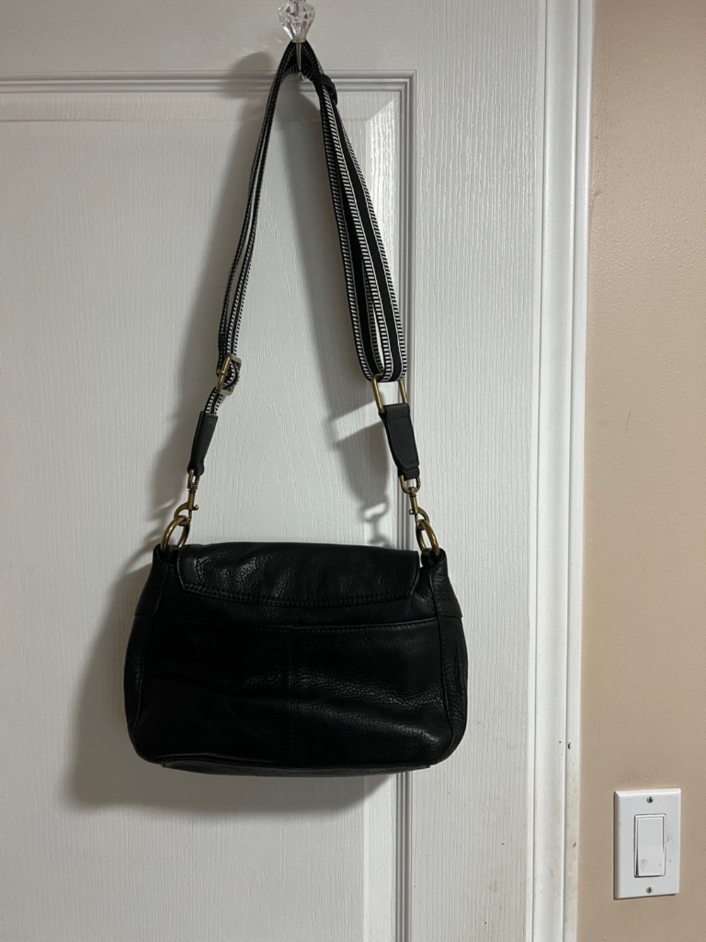 American Leather Co Black Leather Crossbody with Striped Canvas Strap - Picture 11 of 15